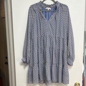 Karlie Light Blue Brown Patterned Long Sleeve Tiered Dress Medium